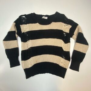 Sandro Paris Grunge Striped Distressed Sweater Black Cream Cotton Size 2